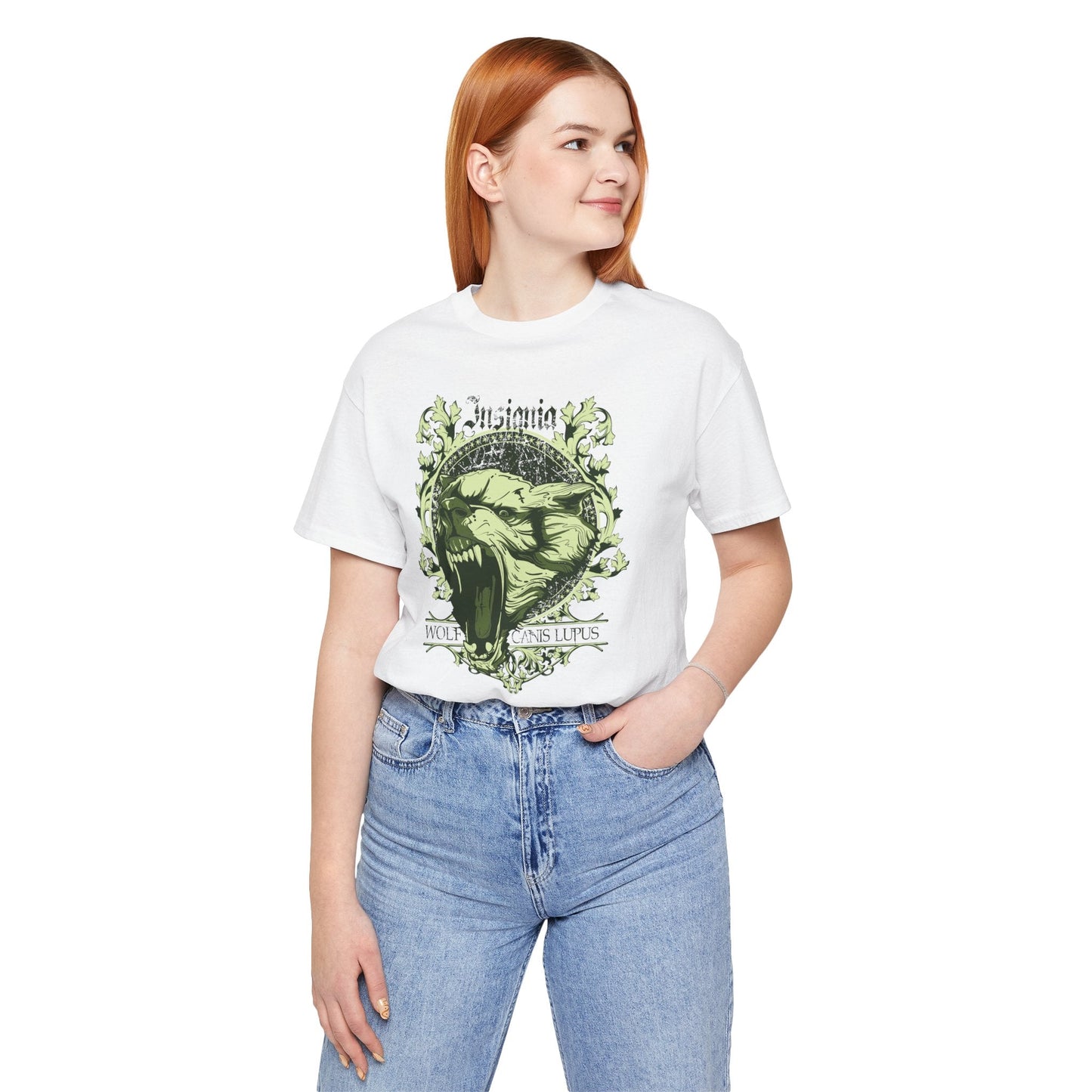 Howling Wolf Skull Tee Gothic Vintage Crest, Green Graphic Shirt Art-54