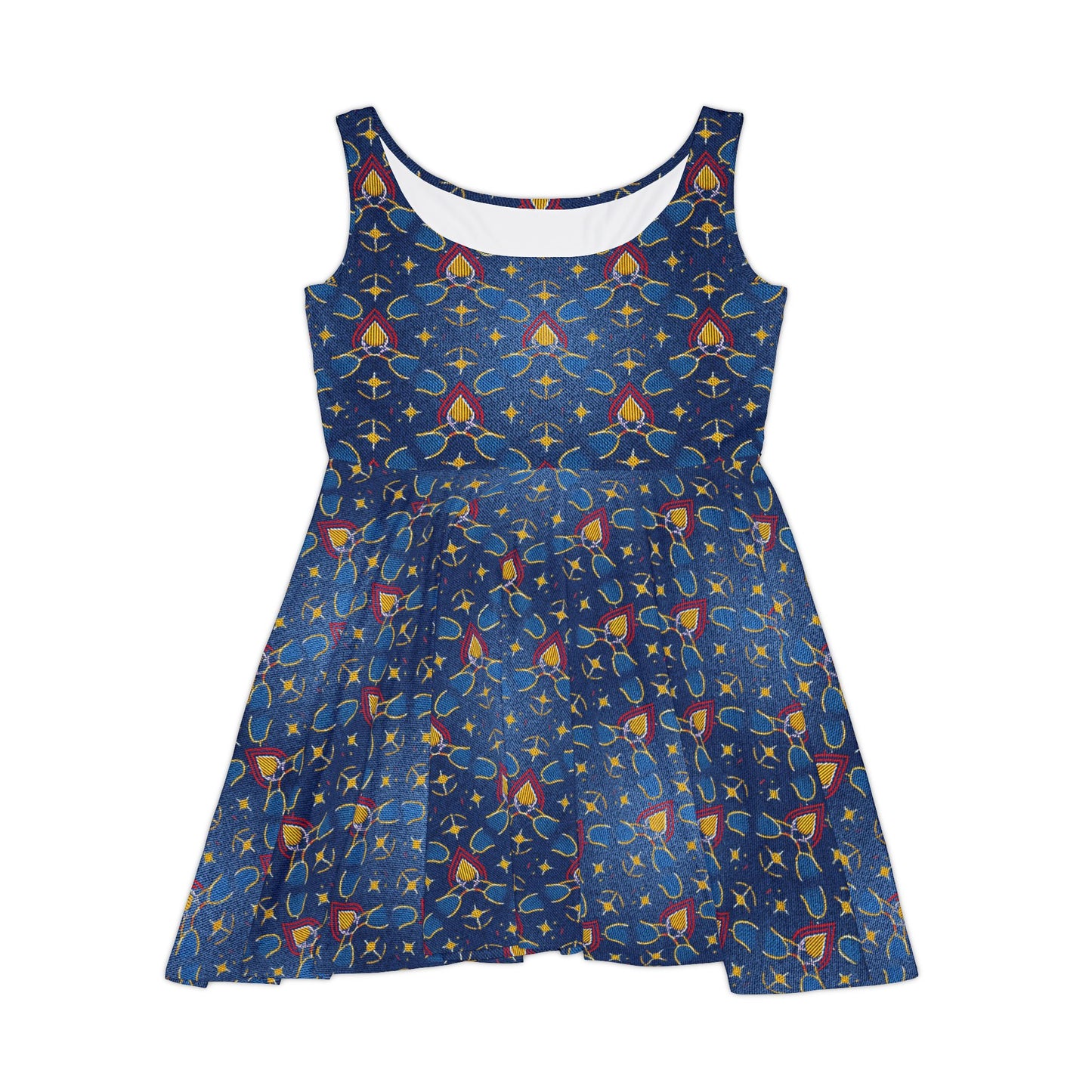 Women Diwali Denim Print Skater Dress, Denim Print Poly-Span Dress - 50