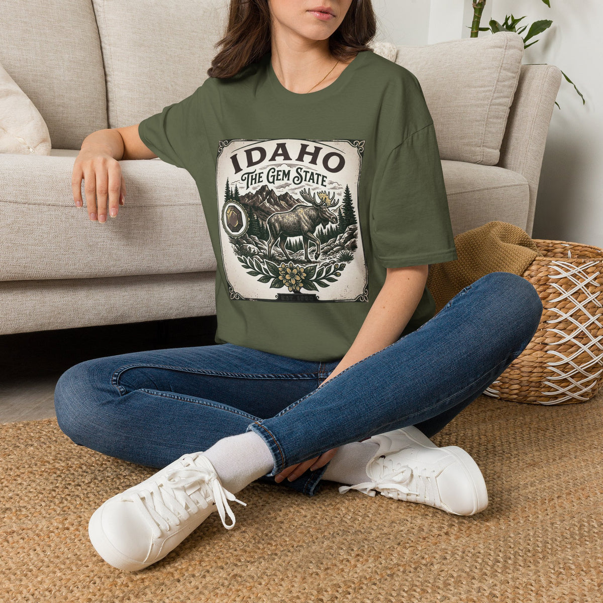 Idaho The Gem State Vintage Moose Travel Tourist Graphic Design Unisex 100 Cotton Gildan T-Shirt