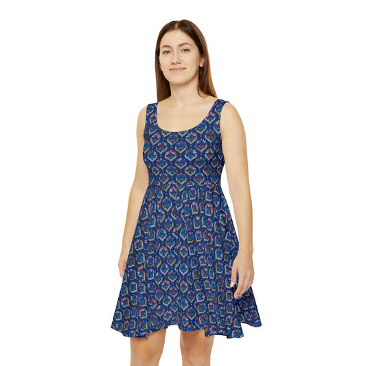 Women Denim Print Skater Dress, Denim Print Poly-Span Dress - 36-2