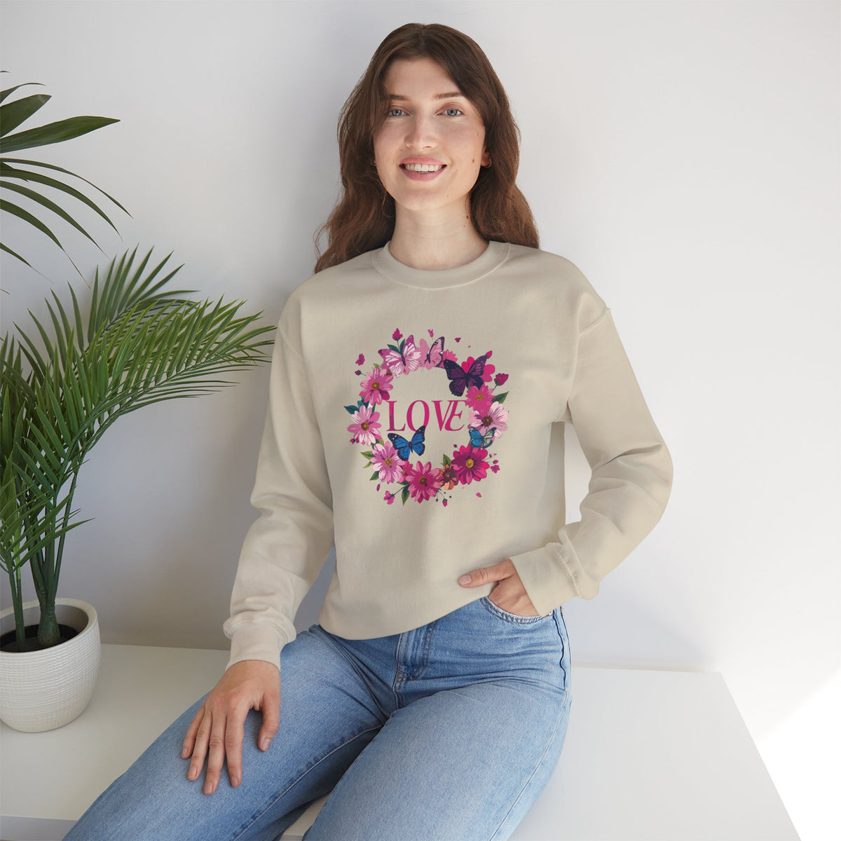Unisex Floral Love Sweatshirt, Love Floral Sweatshirt, Floral Butterfly Sweatshirt, 50/50 Cotton-Poly Valentine's Day Sweatshirt 04