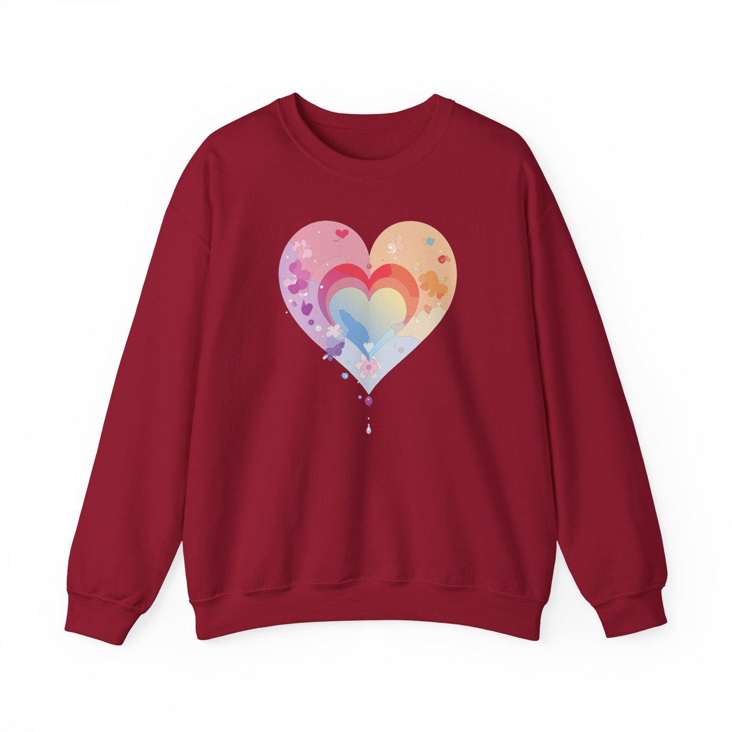 Rainbow Heart Floral Sweatshirt Unisex Valentines Day Gift Cozy Crewneck Sweatshirt