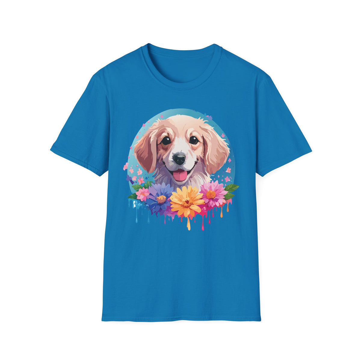 Happy Golden Retriever Portrait T-Shirt | Colorful Floral Dog Illustration