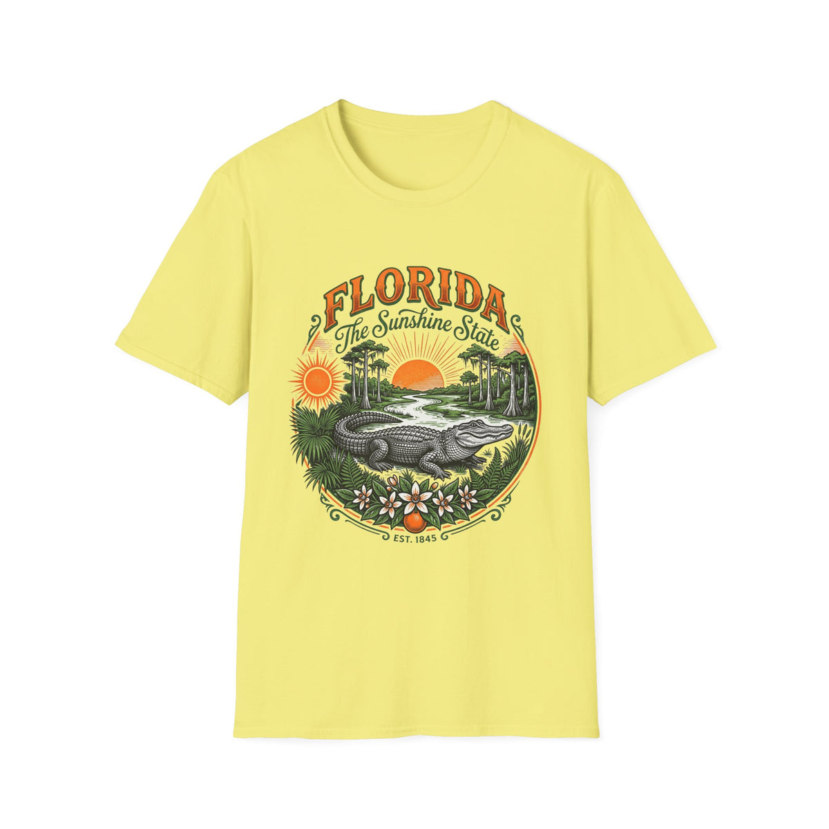 Florida The Sunshine State T-Shirt — Vintage Alligator Sunset Travel Tourist Graphic Design Unisex 100 Cotton Gildan T-Shirt