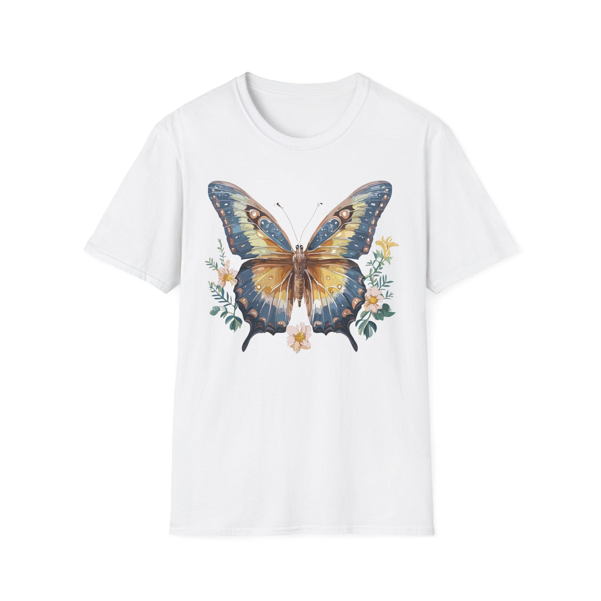 Golden Blue Butterfly T-Shirt | Botanical Accent Graphic Tee Unisex 100 Cotton Gildan T-Shirt