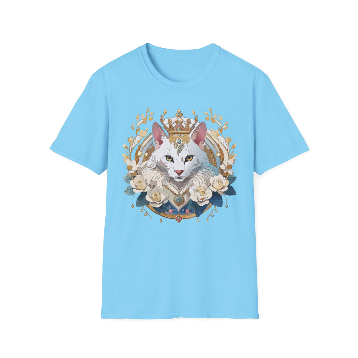 Regal White Cat Illustration T-Shirt | Crowned Feline, Floral Frame