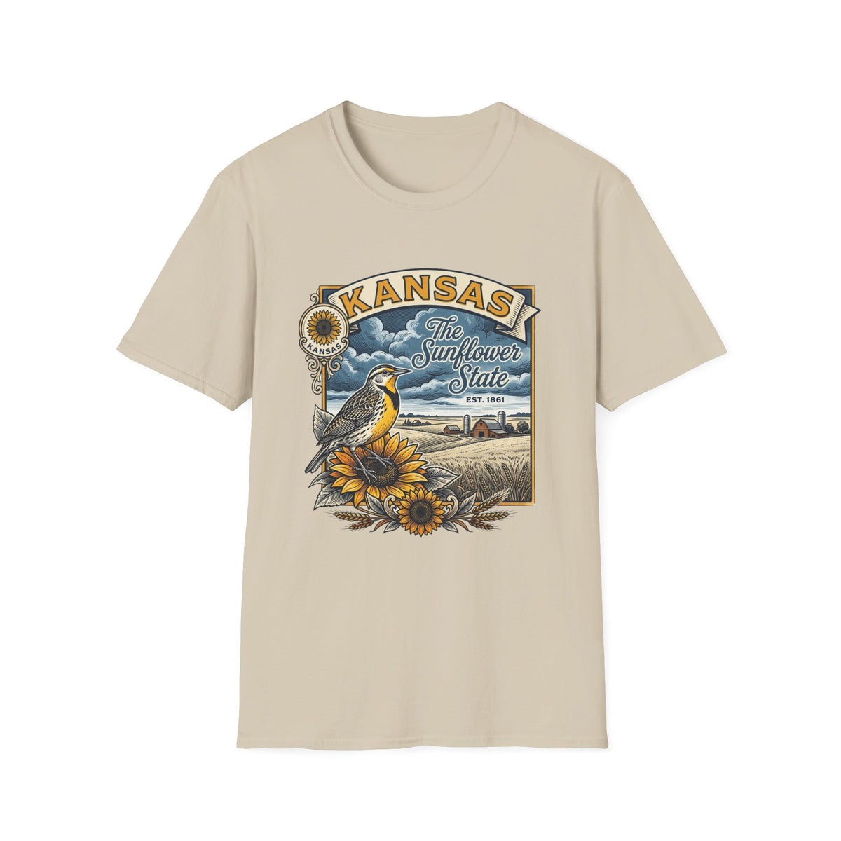 Kansas Sunflower State T-Shirt | Meadow Bird Vintage Travel Tourist Graphic Design Unisex 100 Cotton Gildan T-Shirt