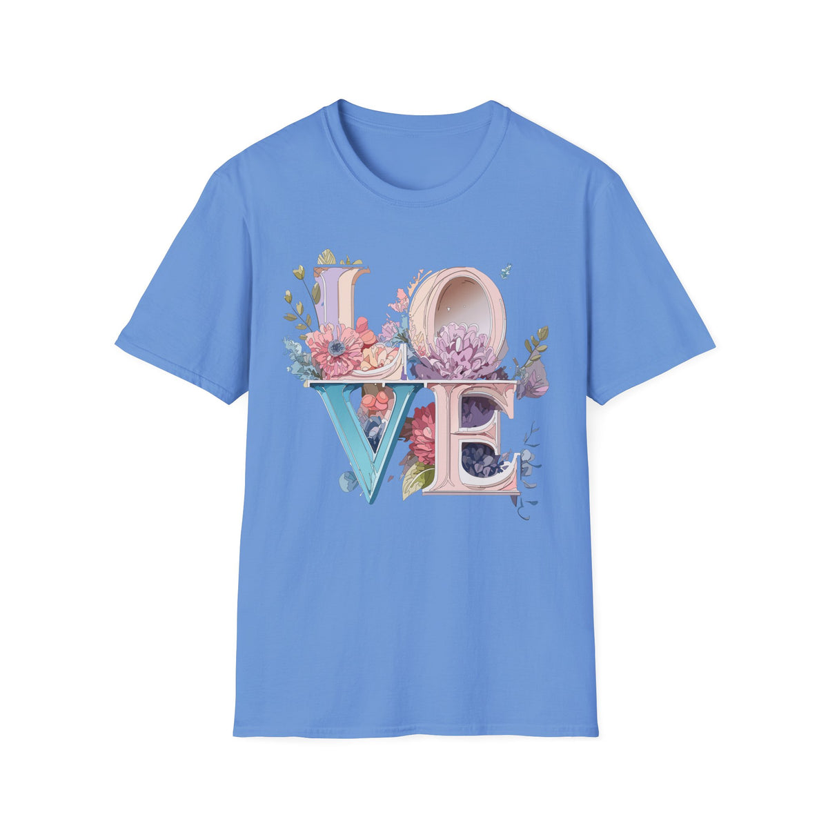 Floral LOVE Typography T-Shirt | Botanical Letter Art, Pastel Bloom Design