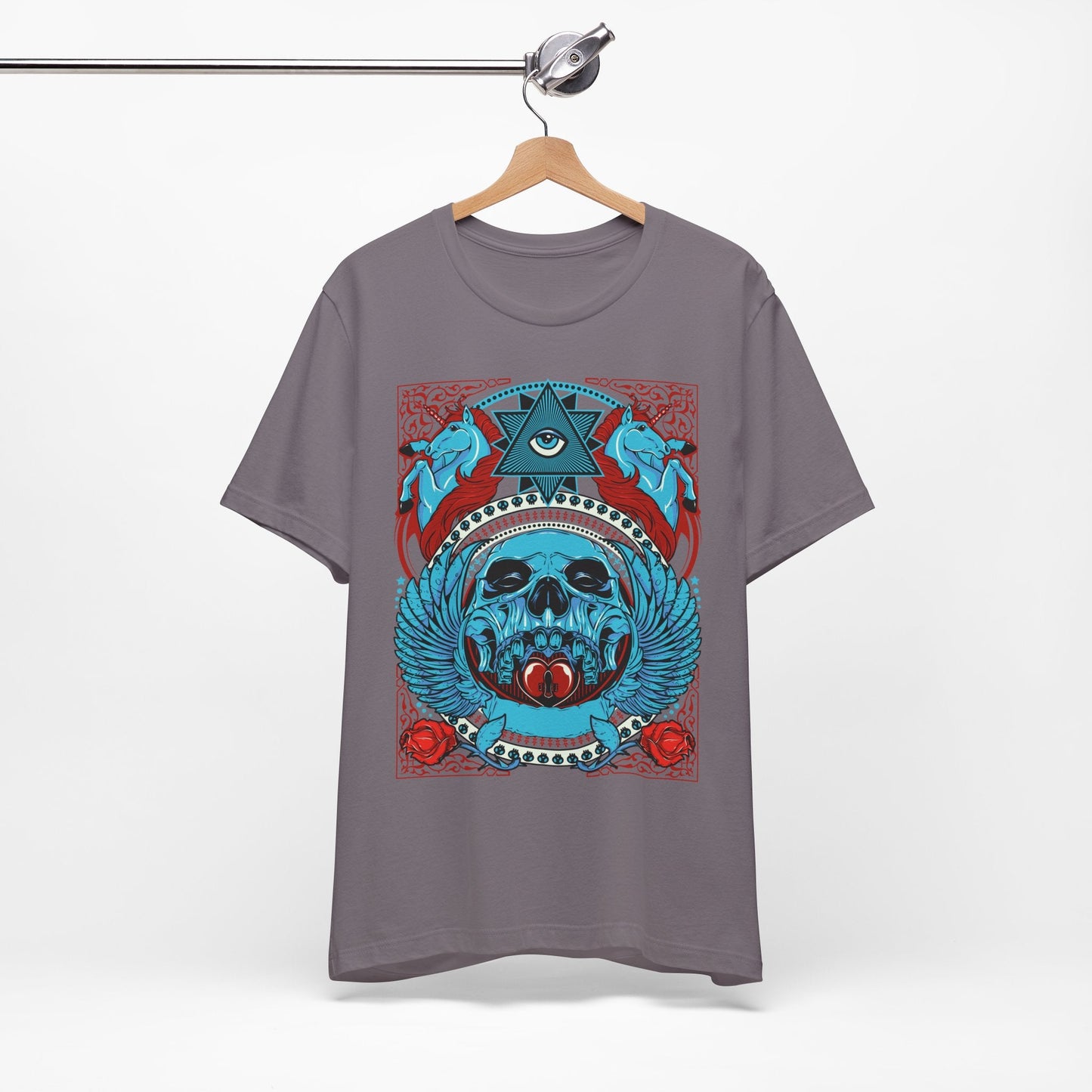 All-Seeing Skull Illustration Tee Winged Skull Third Eye Roses T-Shirt