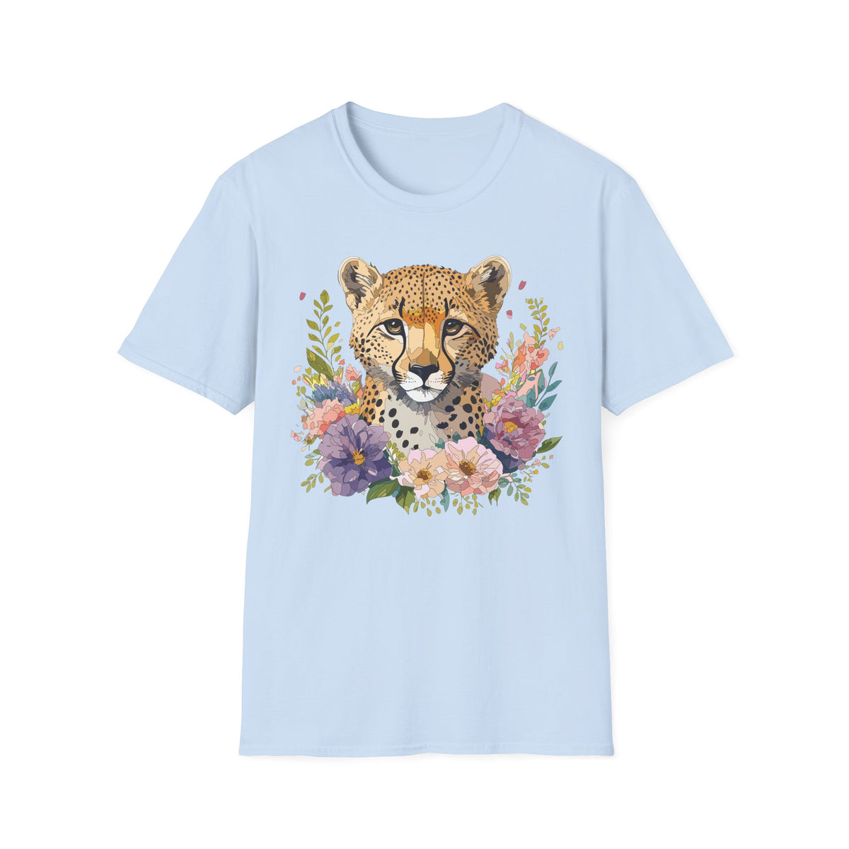 Floral Cheetah Face T-Shirt | Leopard Portrait Tee, Botanical Illustration