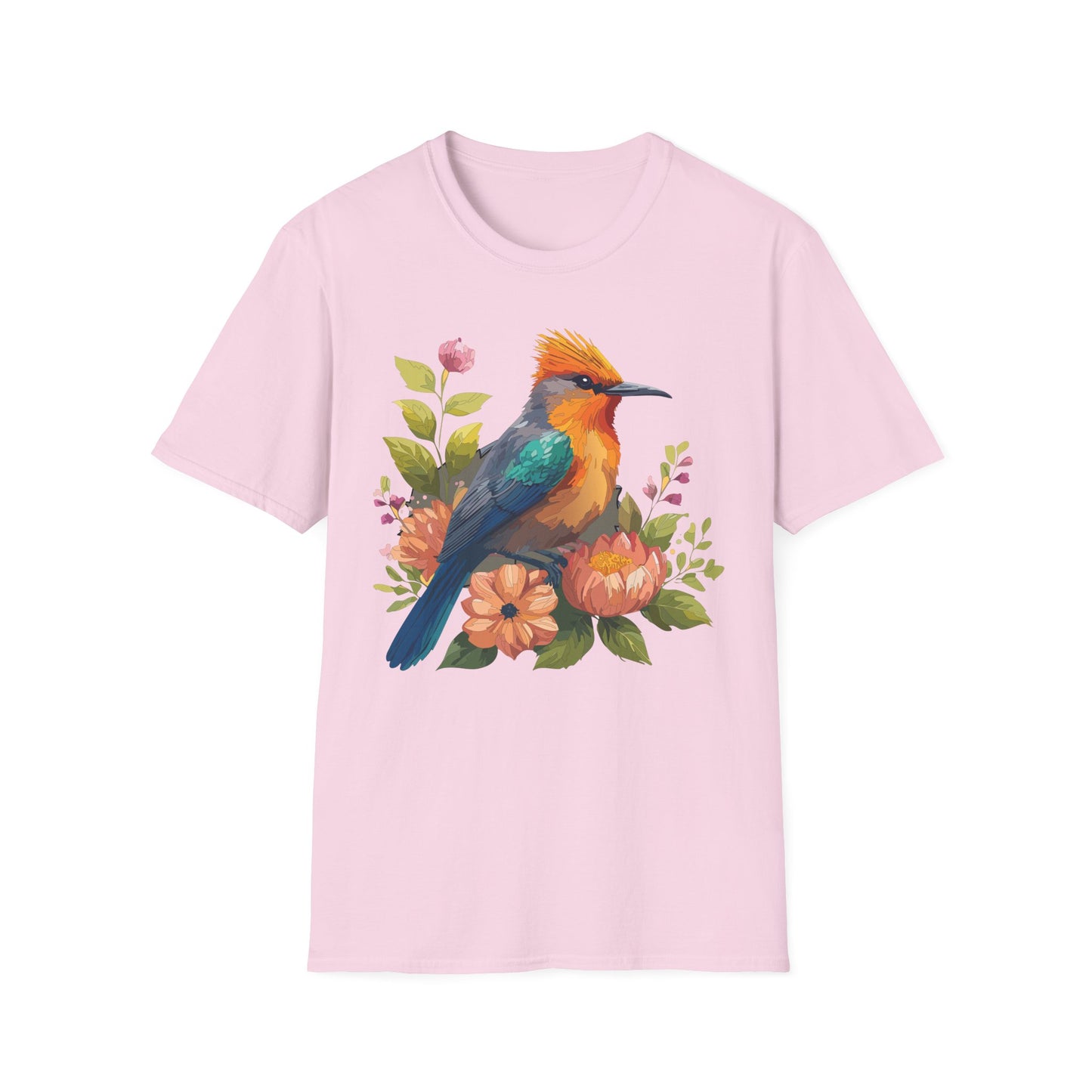 Bird Blossoms Tee Colorful Floral Bee-eater Illustration T-Shirt Unisex Cotton Short Sleeves Tee Shirt with Bird 11