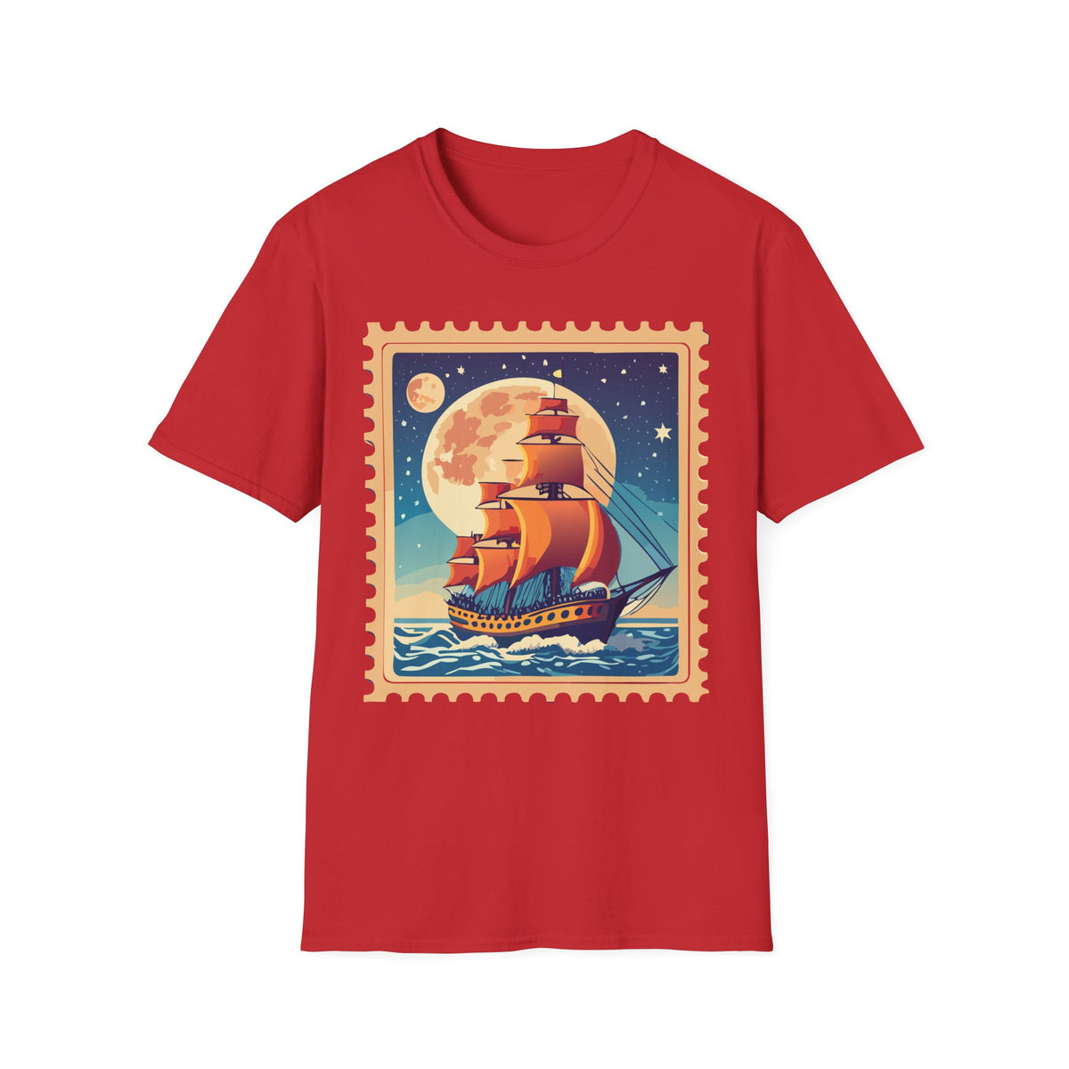 Vintage Sailing Ship T‑Shirt — Nautical Stamp Moonlight Travel Post Graphic Design Unisex 100 Cotton Gildan T-Shirt
