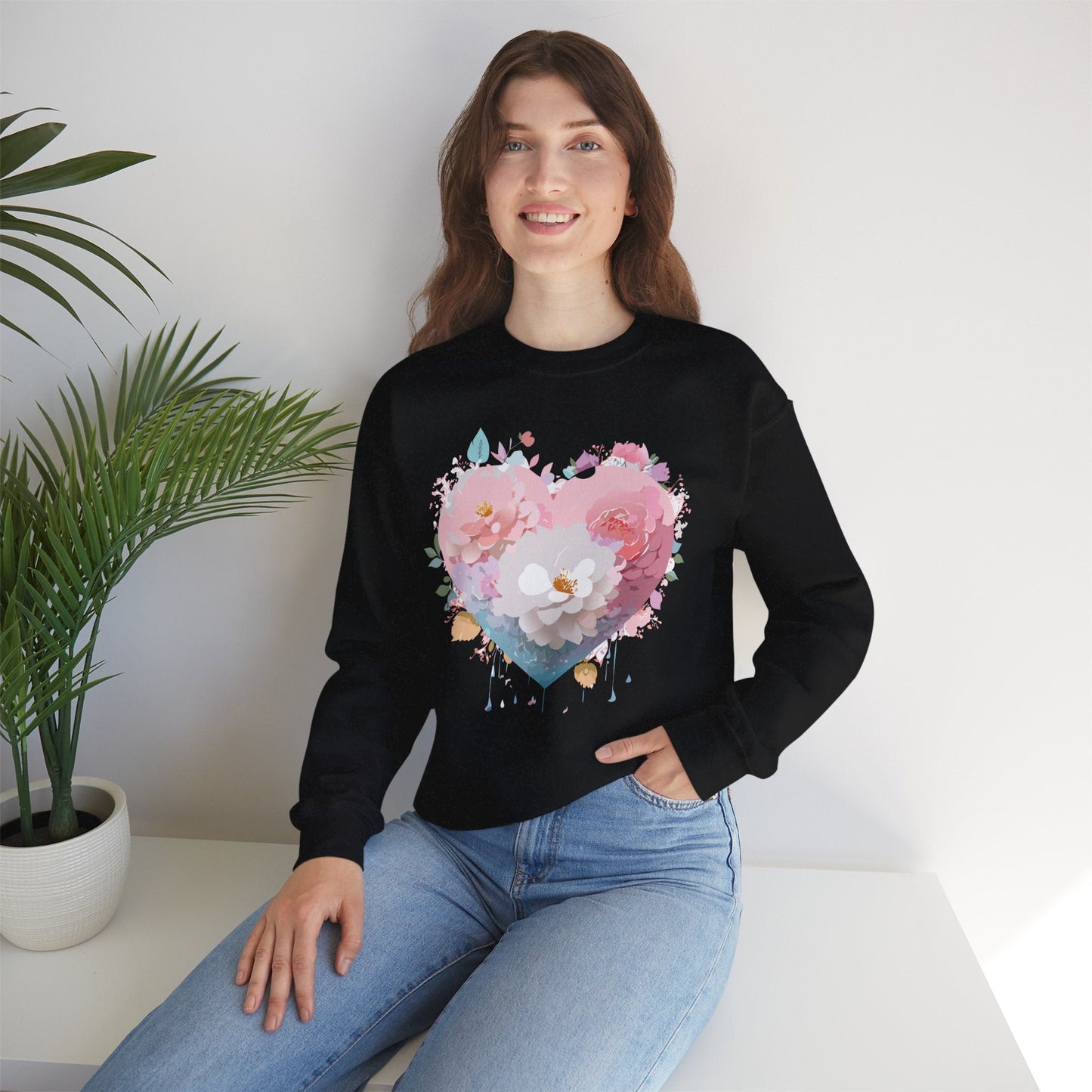 Unisex Floral Heart Sweatshirt For Valentines Day With Love Floral Print Crewneck