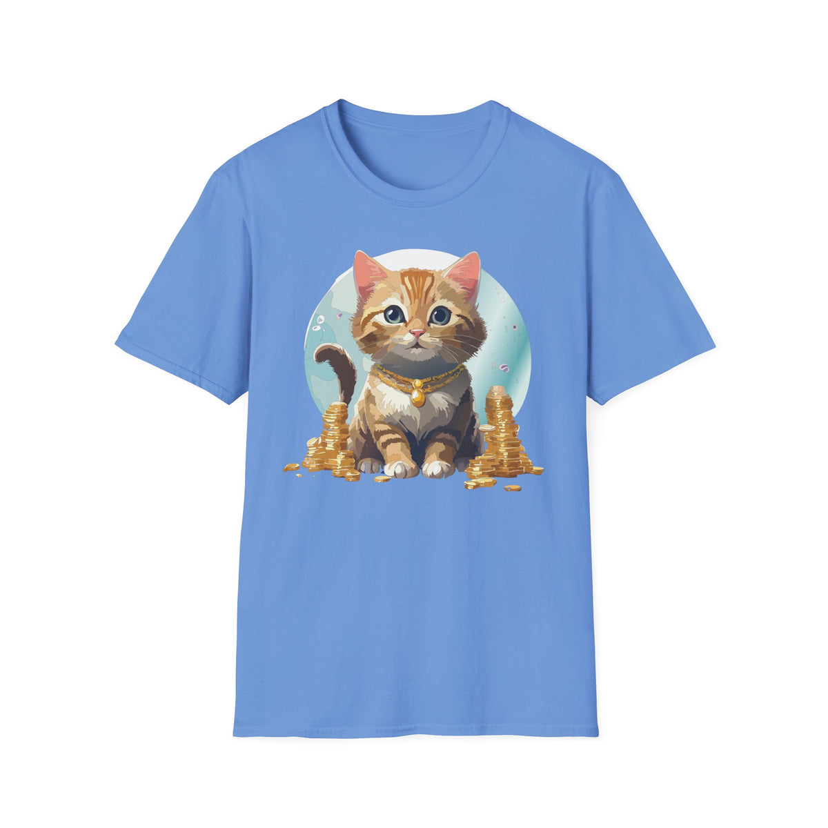 Lucky Cat Illustration T-Shirt | Cute Kitten with Coins