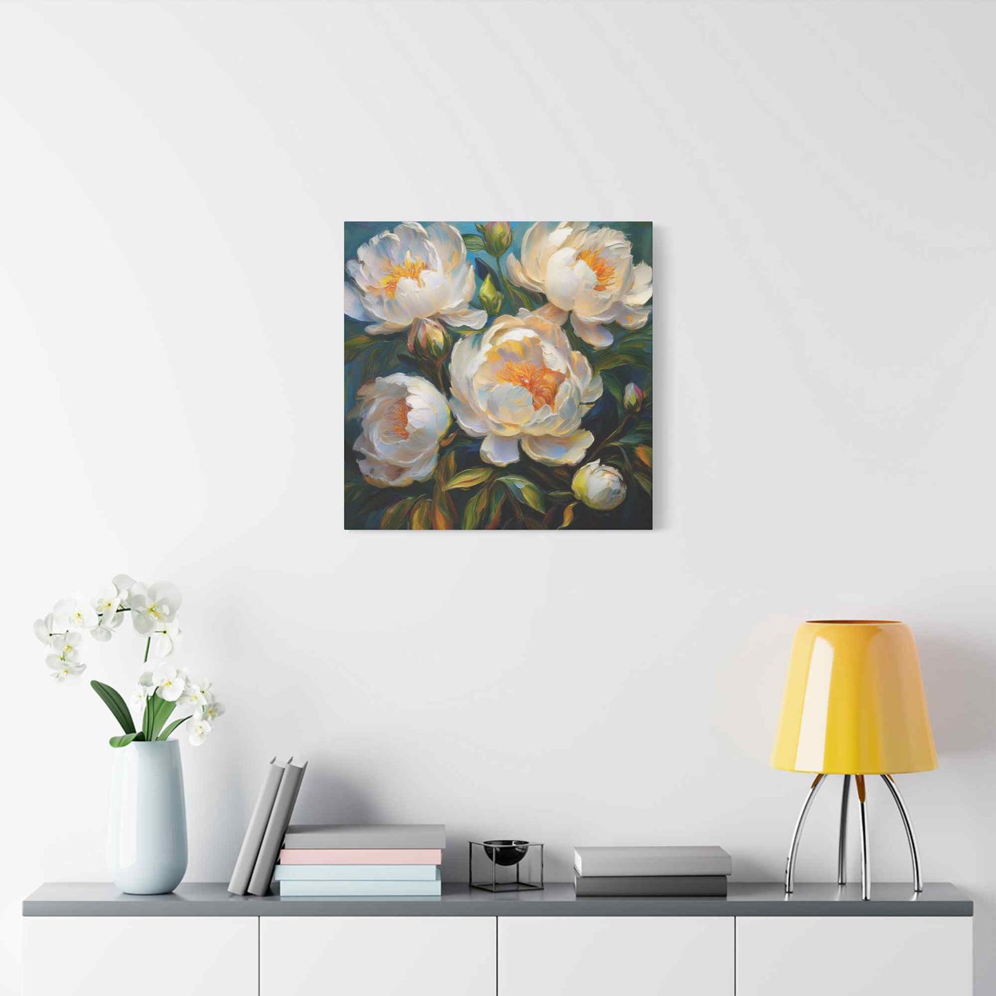 White Peonies Print Canvas, Floral Oil Paint Print 20x20, 24x24, 30x30, 32x32, 36x36 Art Design Pine-Wood Inner Frame MC-118