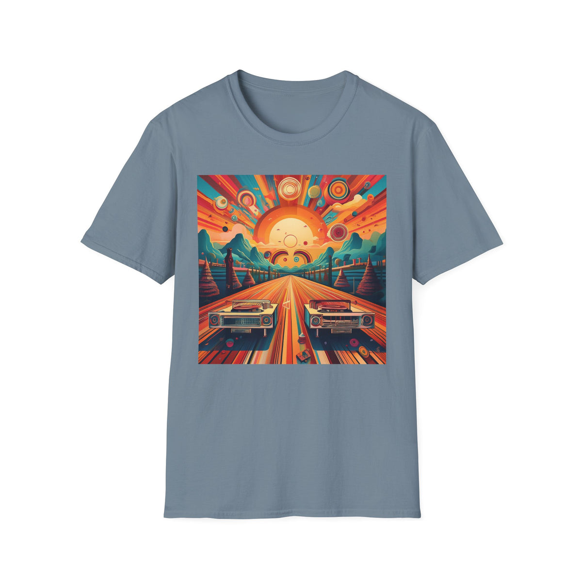 Retro Sunburst Road Trip Graphic Posters, Post Stamps Design Unisex 100 Cotton Gildan T-Shirt