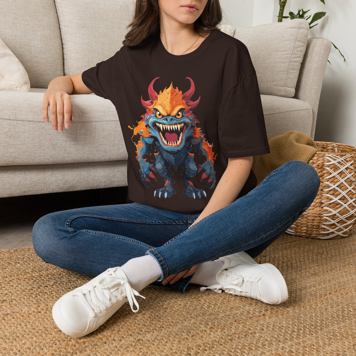 Monster T-Shirt — Fiery Demon Creature Cartoon Graphic Tee Unisex 100 Cotton Gildan T-Shirt