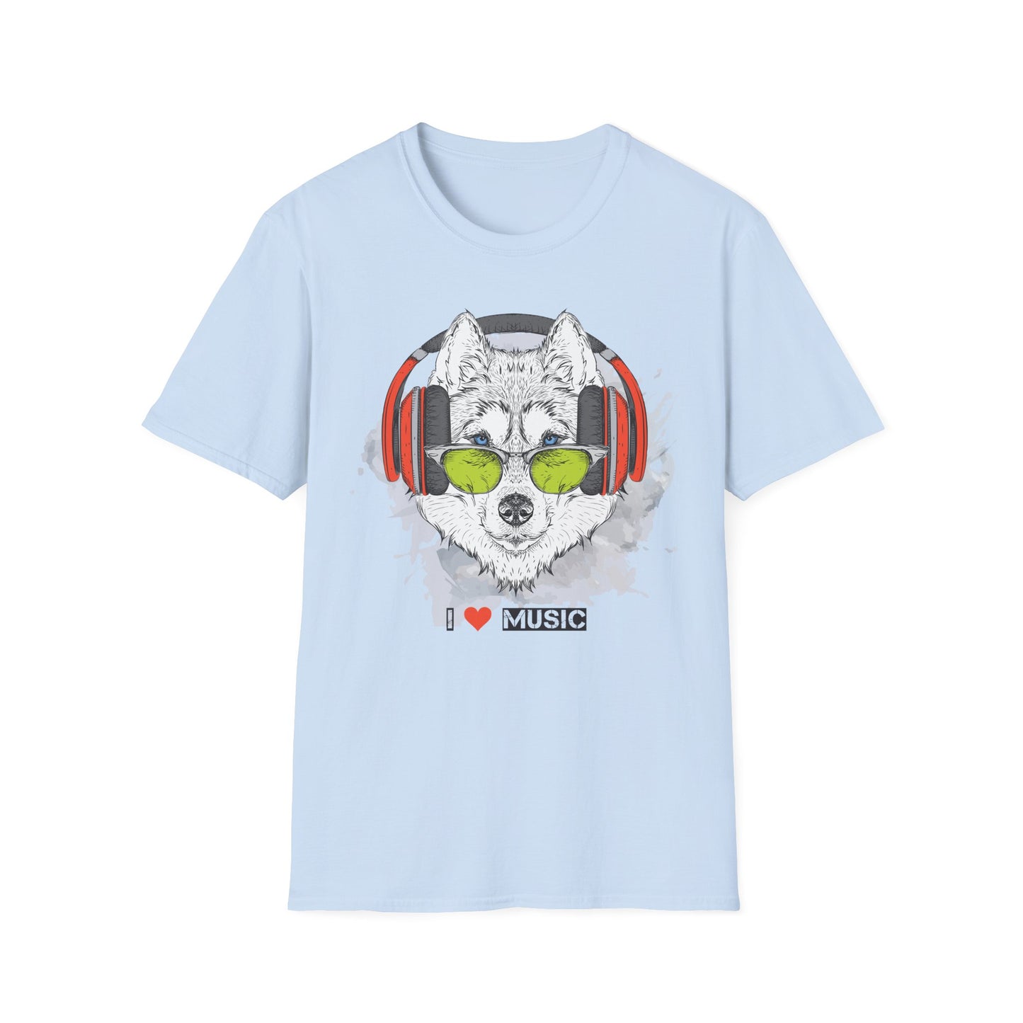 Wolf with Headphones T-Shirt Unisex Cotton Short Sleeves 'I  Music' Graphic Tee