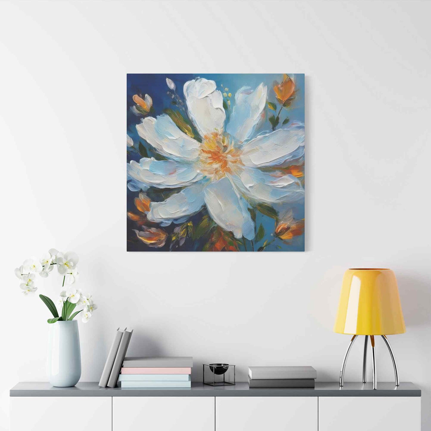 White Flower Print Canvas, White Flower Oil Paint Print 20x20, 24x24, 30x30, 32x32, 36x36, Art Design Print Non-Frame MC-4