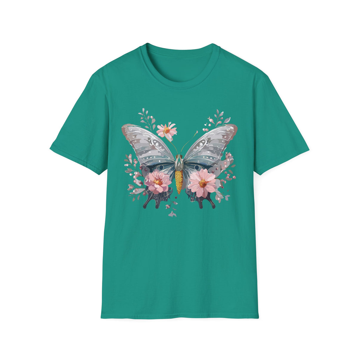Butterfly Floral T‑Shirt — Watercolor Moth & Pink Flowers Graphic Tee Unisex 100 Cotton Gildan T-Shirt