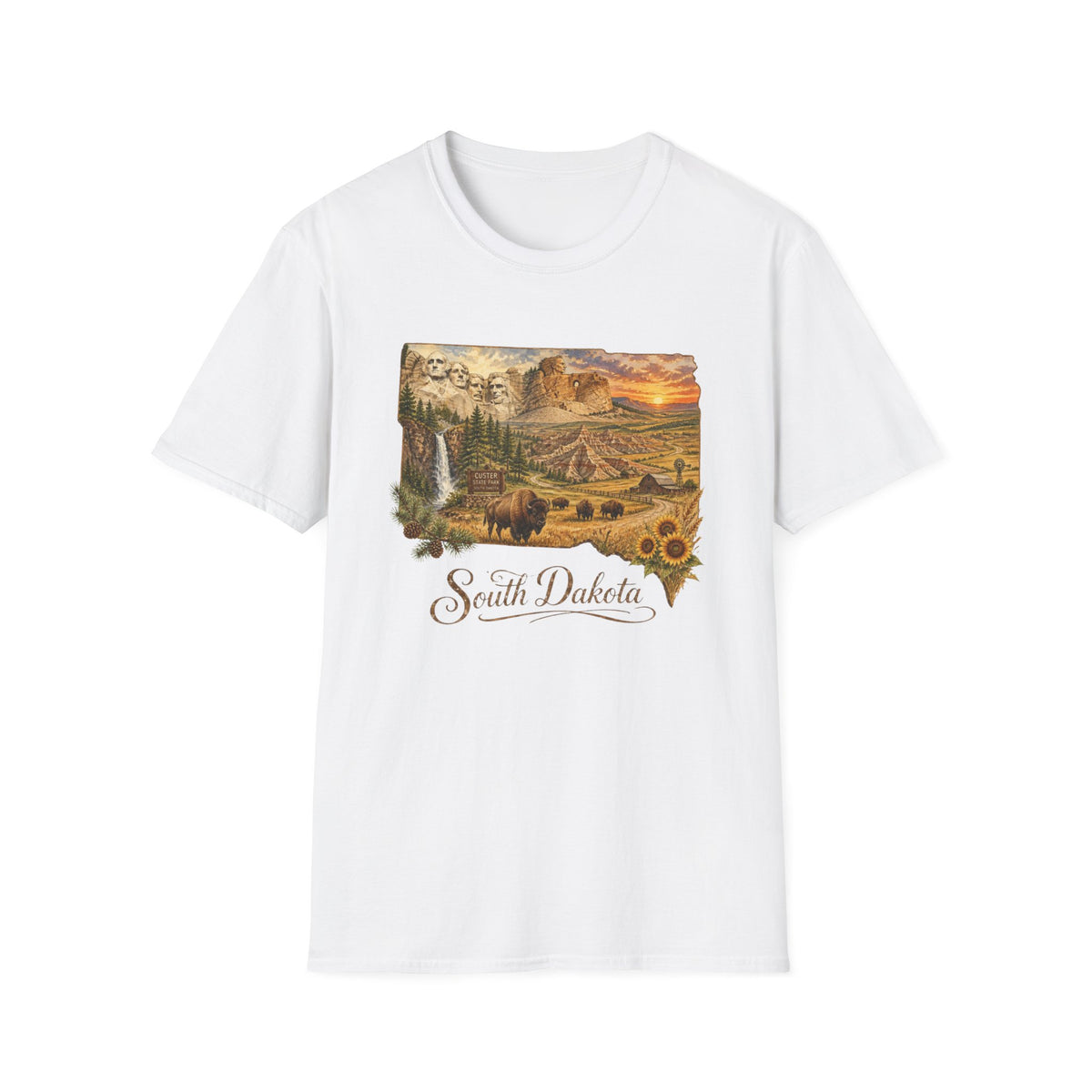 South Dakota Scenic T-Shirt — State Landscape Sunset Travel Tourist Graphic Design Unisex 100 Cotton Gildan T-Shirt