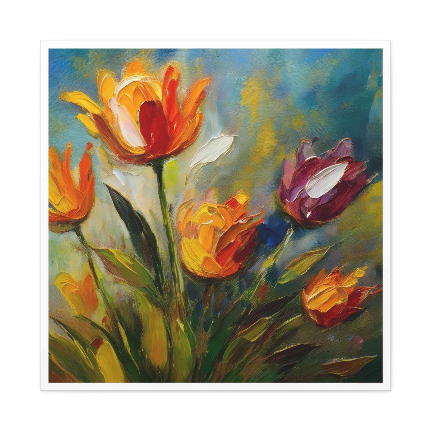 Tulips Print Canvas, Floral Oil Paint Print 20x20, 24x24, 30x30, 32x32, 36x36 Art Design Pine-Wood Inner Frame MC-146