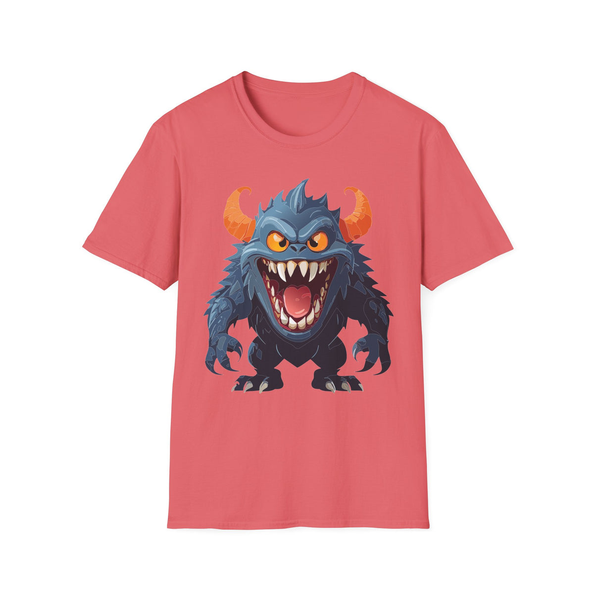 Monster Graphic T-Shirt — Fierce Blue Horned Creature Cartoon Graphic Tee Unisex 100 Cotton Gildan T-Shirt