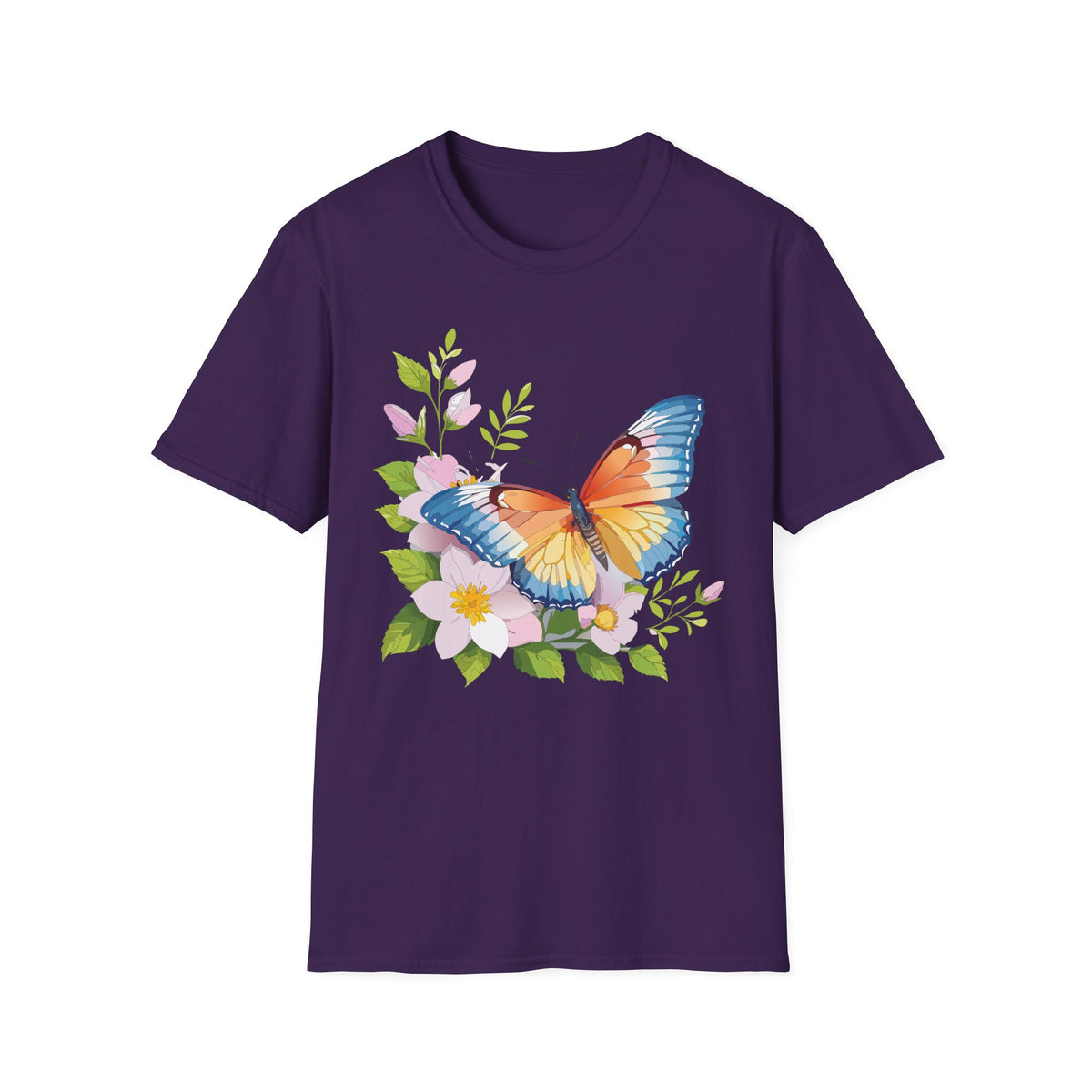 Butterfly Floral T-Shirt — Watercolor Orange & Blue Butterfly on Blossoms Graphic Design Unisex 100 Cotton Gildan T-Shirt