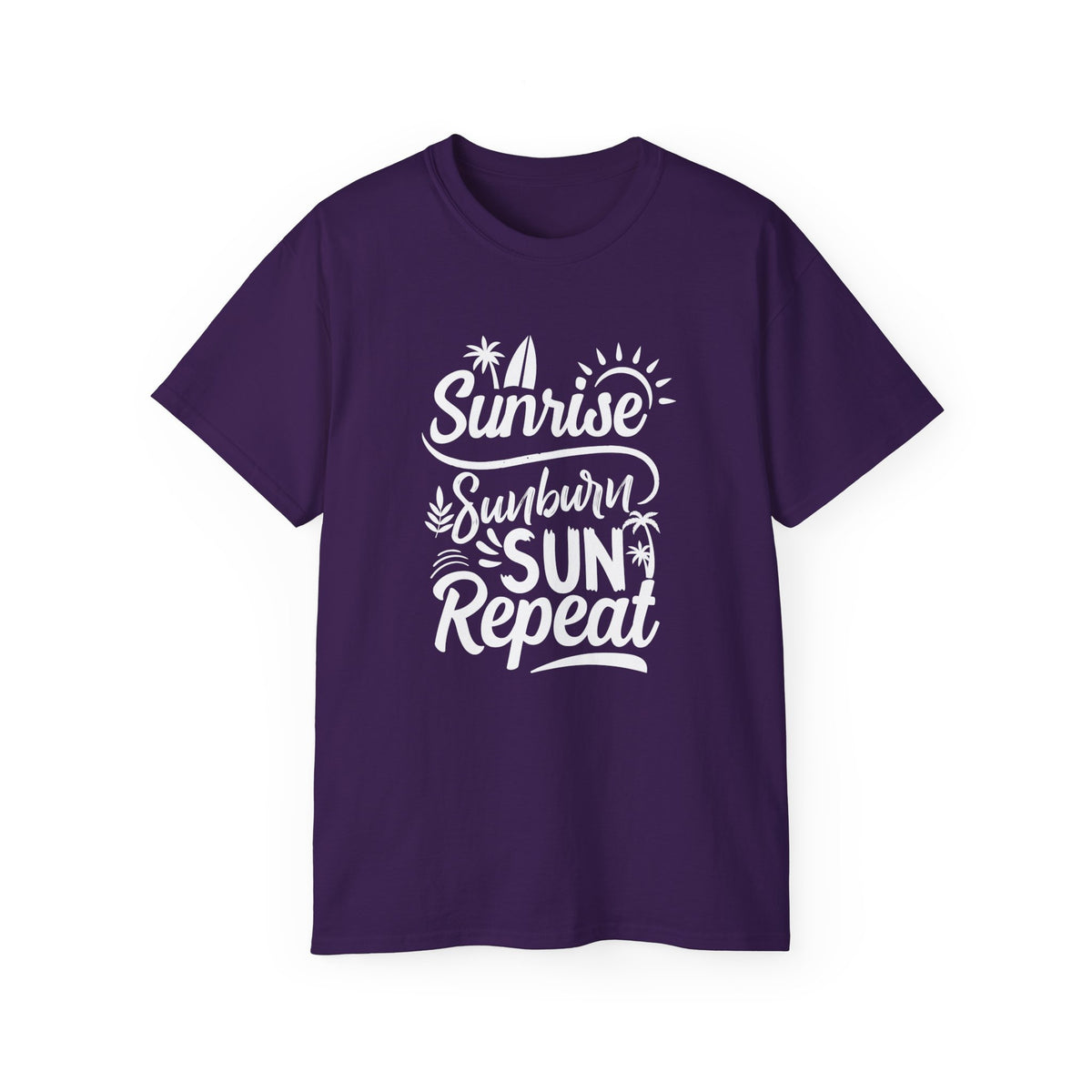 Sunrise Sunburn Sun Repeat T-Shirt | Beach Surf Typography Tee