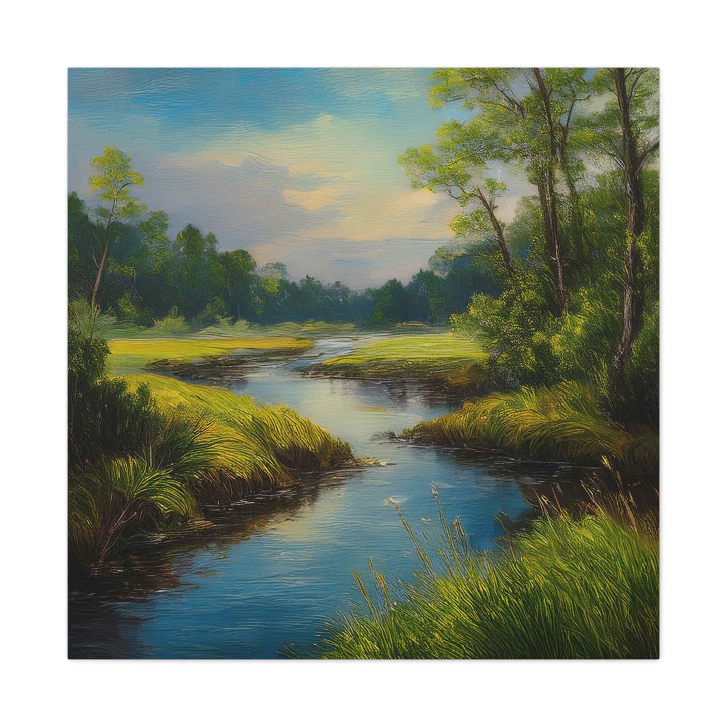 River Print Canvas, Landscape Oil Paint Print 20x20, 24x24, 30x30, 32x32, 36x36 Art Design Print Pine-Wood Inner Frame MC-52