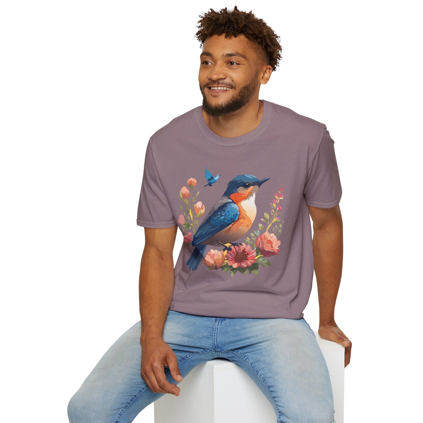Unisex Floral Bird T Shirt Softstyle 64000 Gildan Ring Spun Cotton Tee Relaxed Fit