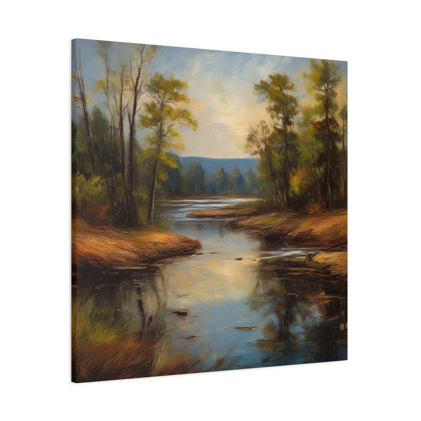 River Print Canvas, Landscape Oil Paint Print 20x20, 24x24, 30x30, 32x32, 36x36 Art Design Print Pine-Wood Inner Frame MC-51