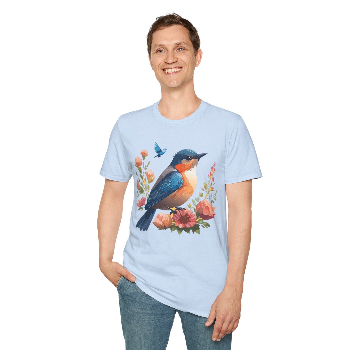 Unisex Floral Bird T Shirt Softstyle 64000 Gildan Ring Spun Cotton Tee Relaxed Fit