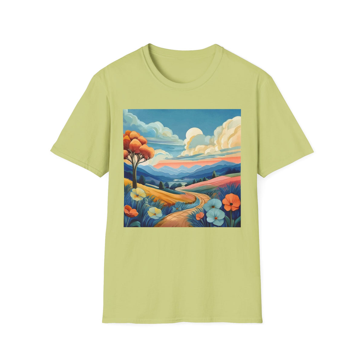 Colorful Mountain Landscape Graphic Posters, Post Stamps Design Unisex 100 Cotton Gildan T-Shirt