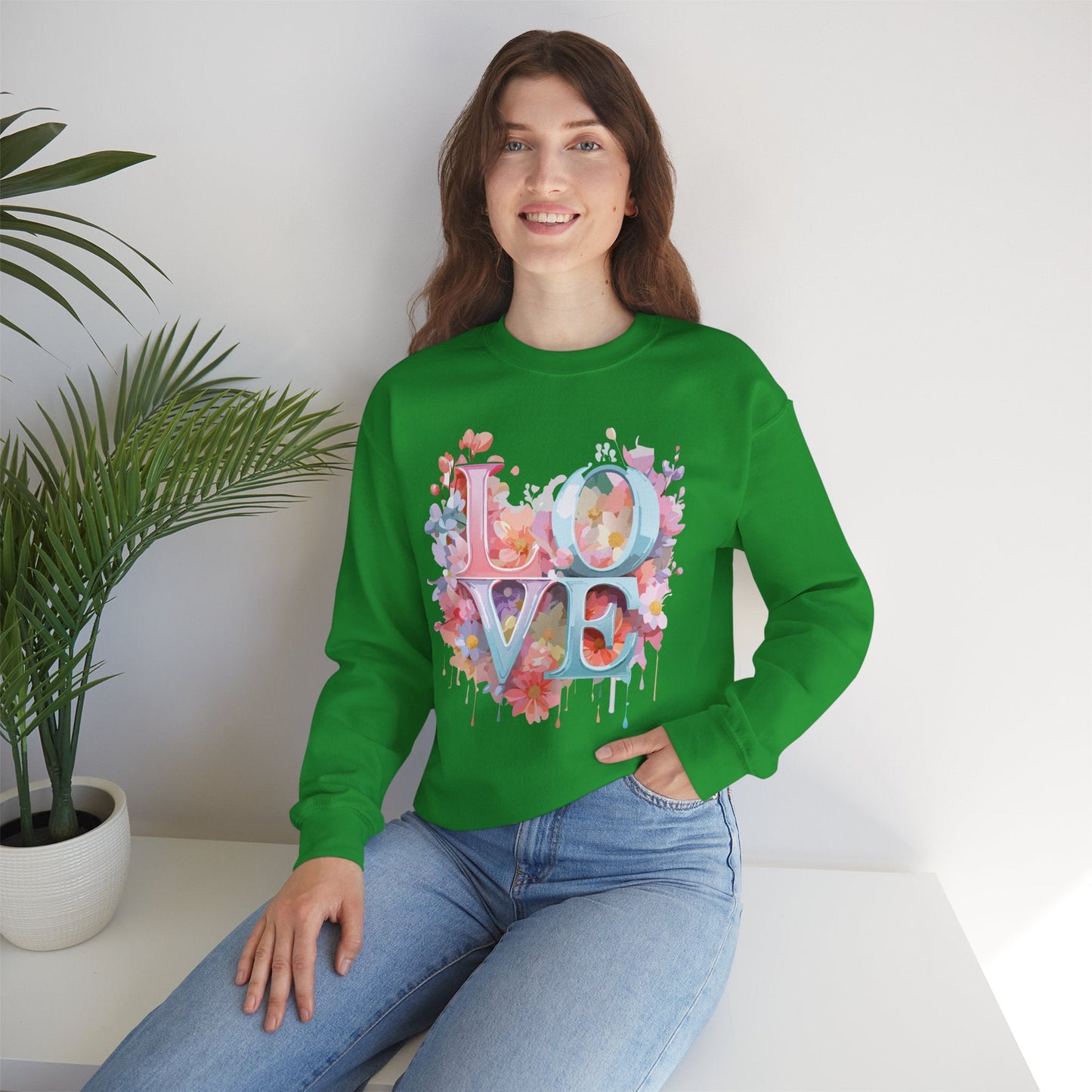 Floral Love Sweatshirt Unisex Valentines Day Crewneck Gildan 18000 50 Cotton 50 Polyester