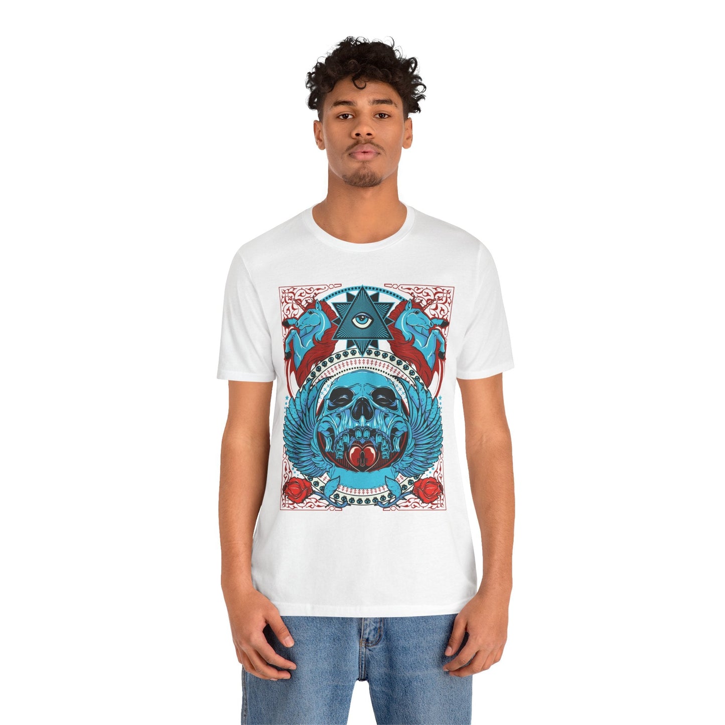 All-Seeing Skull Illustration Tee Winged Skull Third Eye Roses T-Shirt