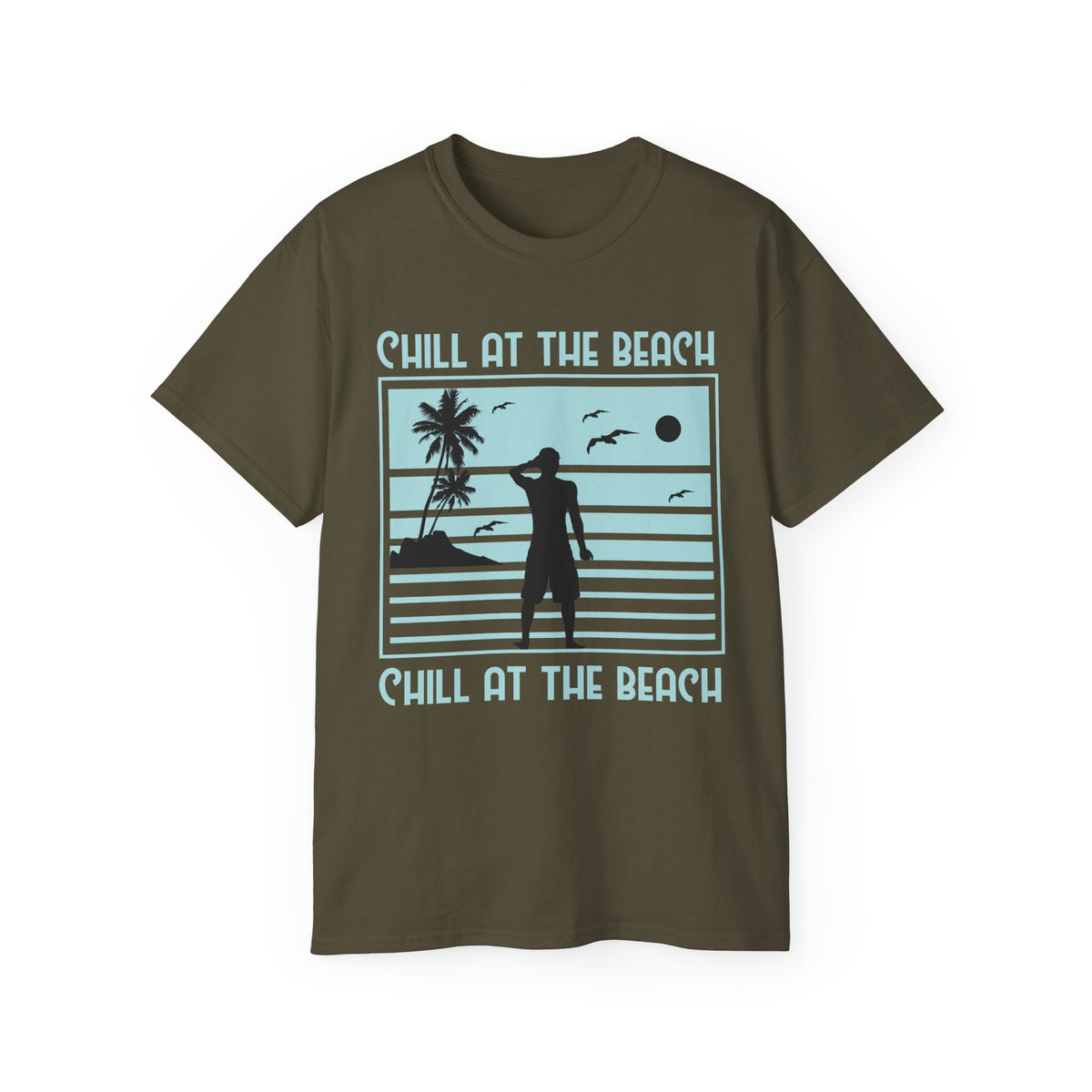 Chill at the Beach silhouette surf scene Tee | Palm trees, sunset, ocean vibes