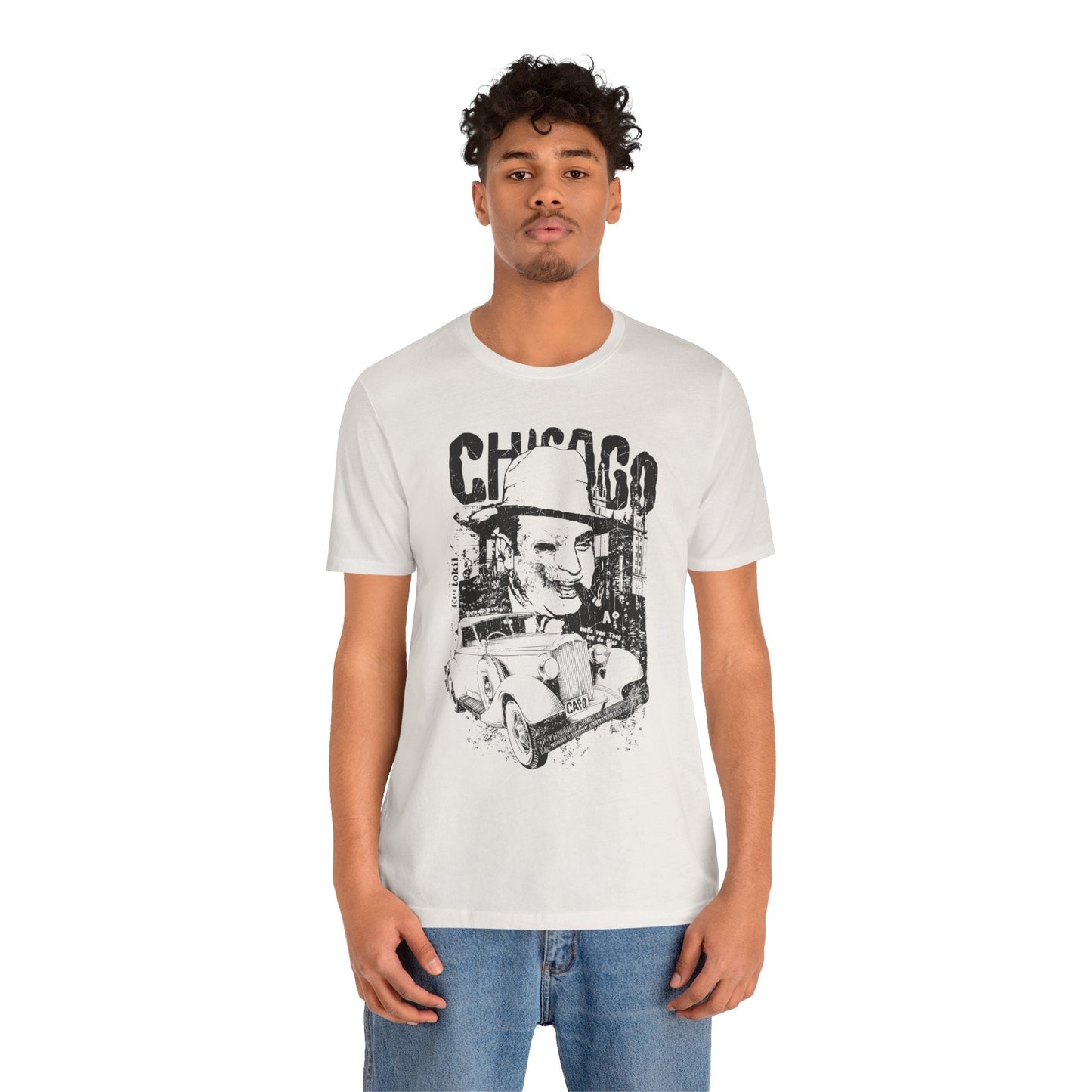 Chicago Retro Mobster Illustration Tee Vintage Car Cityscape Art Design T-Shirt A-8