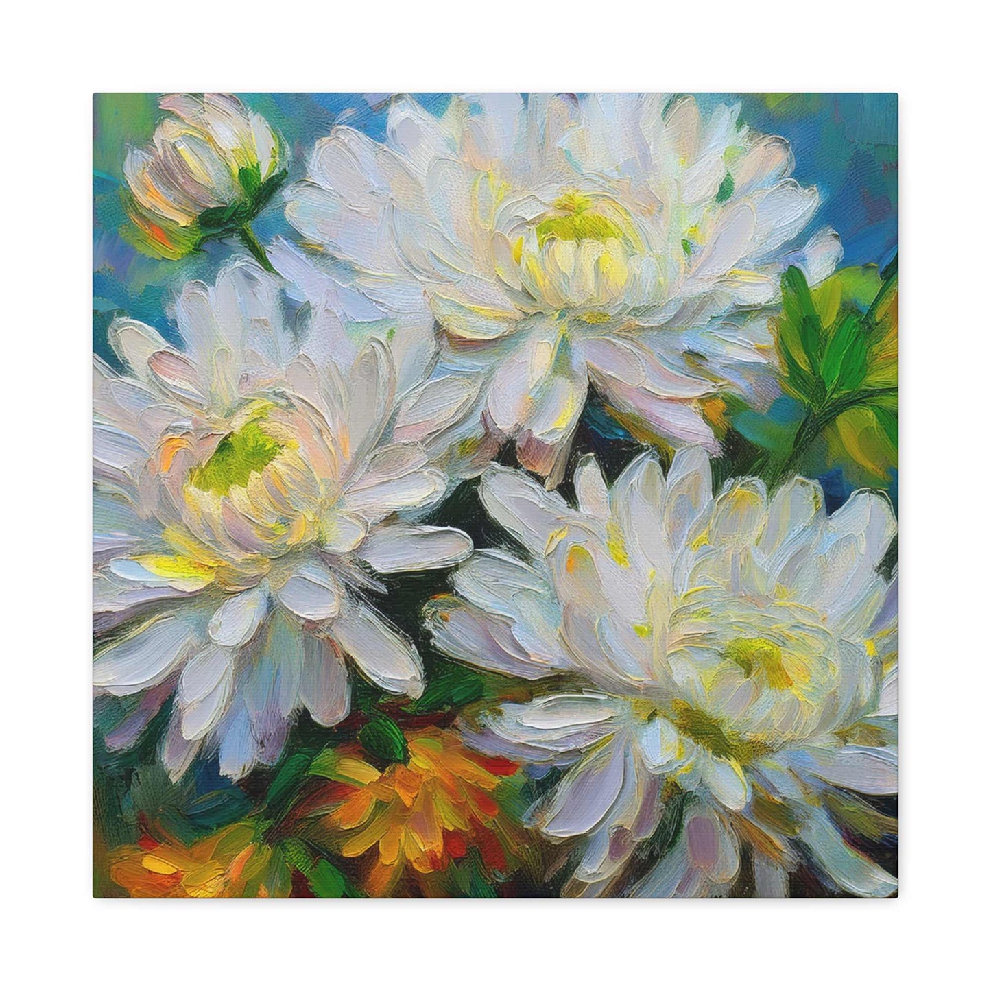 Chrysanthemums Print Canvas, Floral Oil Paint Print 20x20, 24x24, 30x30, 32x32, 36x36 Art Design Pine-Wood Inner Frame MC-161