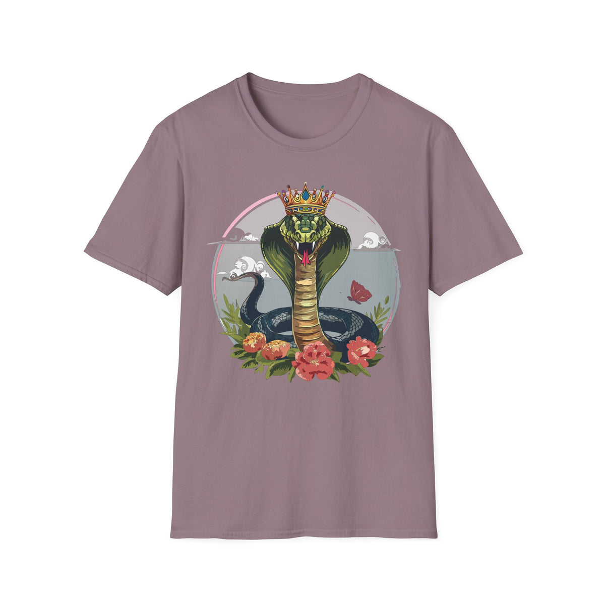 Crowned King Cobra T-Shirt | Snake Illustration, Floral Accent