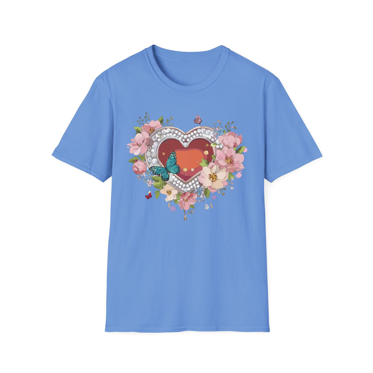 Heart with Floral Wreath and Butterfly T-Shirt | Romantic Floral Tee