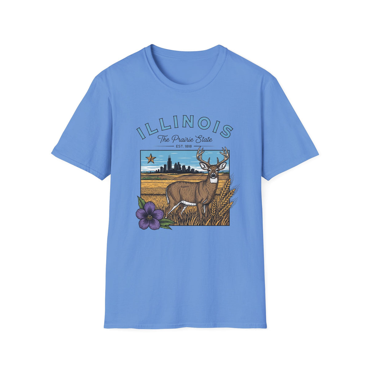 Illinois Deer State T-Shirt — The Prairie State Travel Tourist Graphic Design Unisex 100 Cotton Gildan T-Shirt