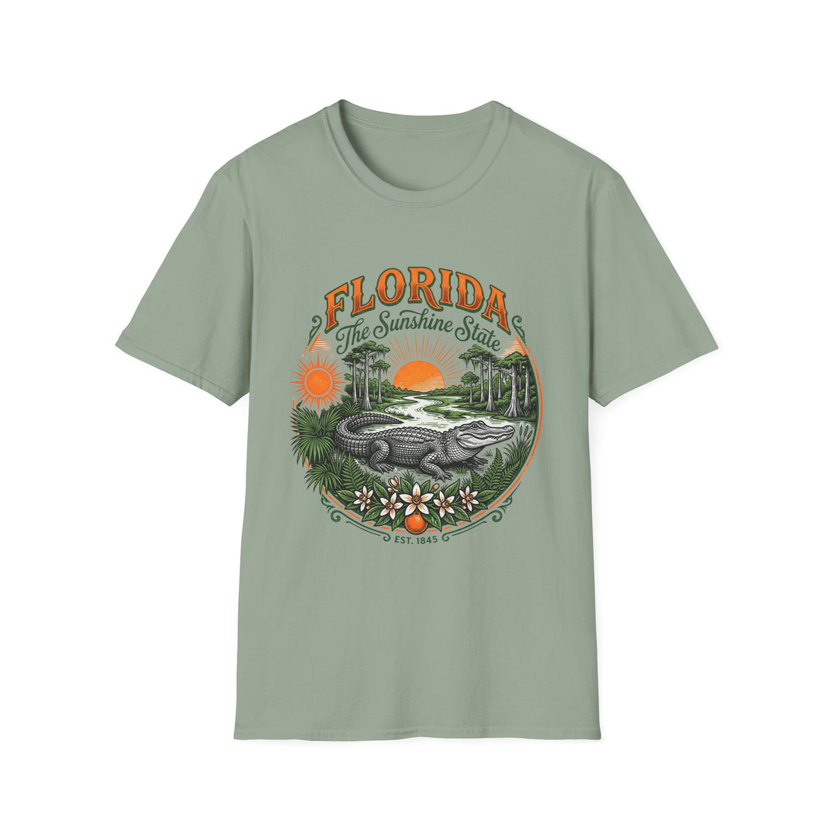 Florida The Sunshine State T-Shirt — Vintage Alligator Sunset Travel Tourist Graphic Design Unisex 100 Cotton Gildan T-Shirt