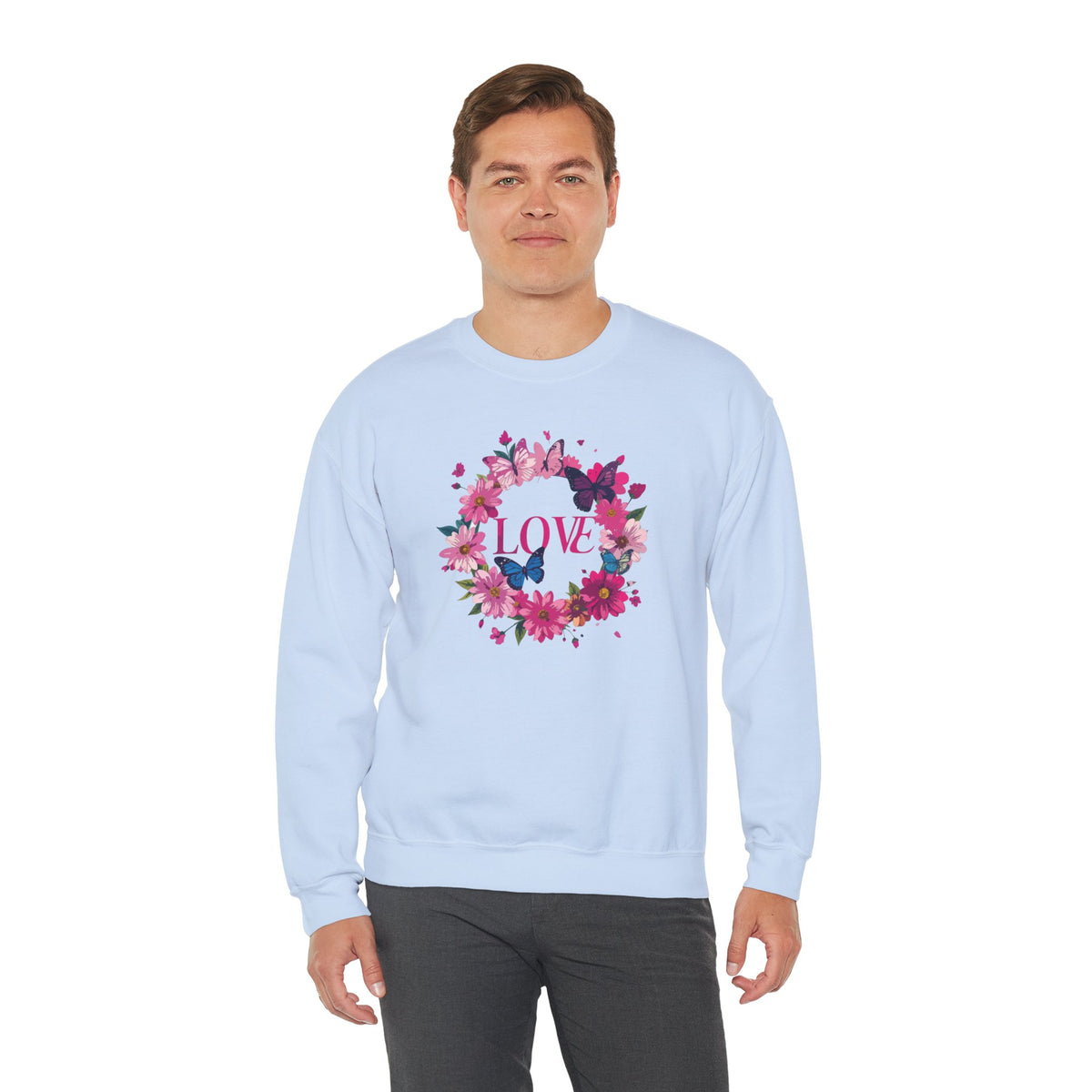 Unisex Floral Love Sweatshirt, Love Floral Sweatshirt, Floral Butterfly Sweatshirt, 50/50 Cotton-Poly Valentine's Day Sweatshirt 04