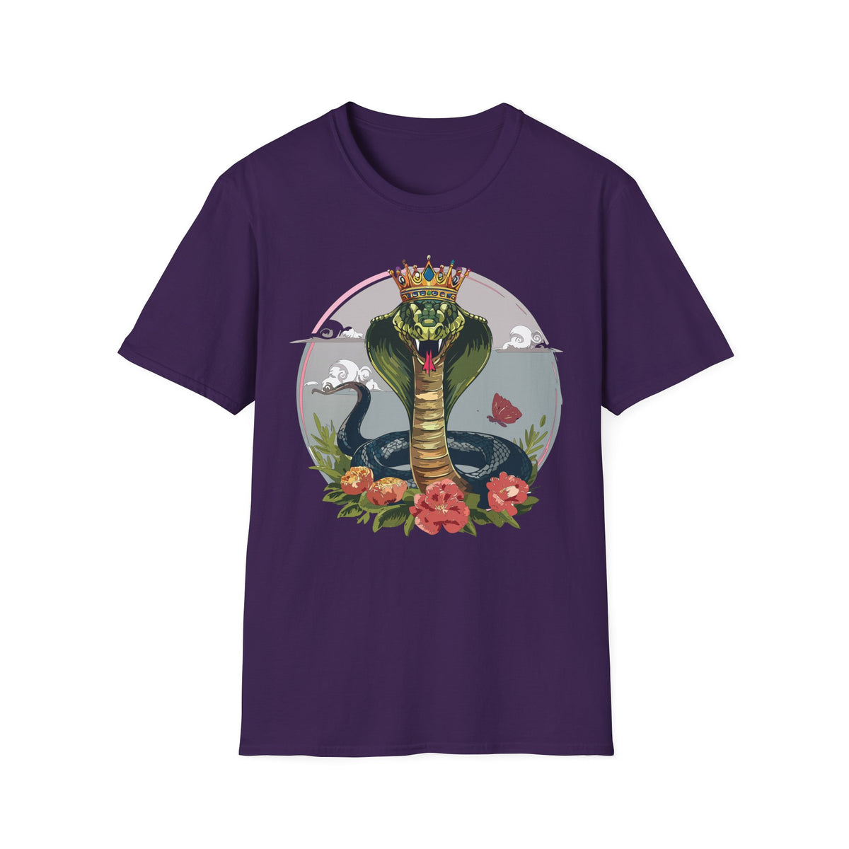 Crowned King Cobra T-Shirt | Snake Illustration, Floral Accent
