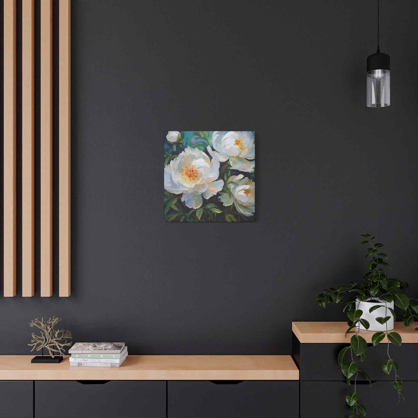 White Peonies Print Canvas, Floral Oil Paint Print 20x20, 24x24, 30x30, 32x32, 36x36 Art Design Pine-Wood Inner Frame MC-119
