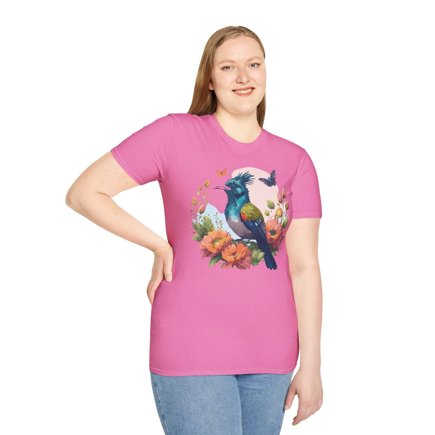 Floral Bird T Shirt Unisex Tee 100 Percent Ring Spun Cotton Softstyle Gildan 64000 Comfort Fit