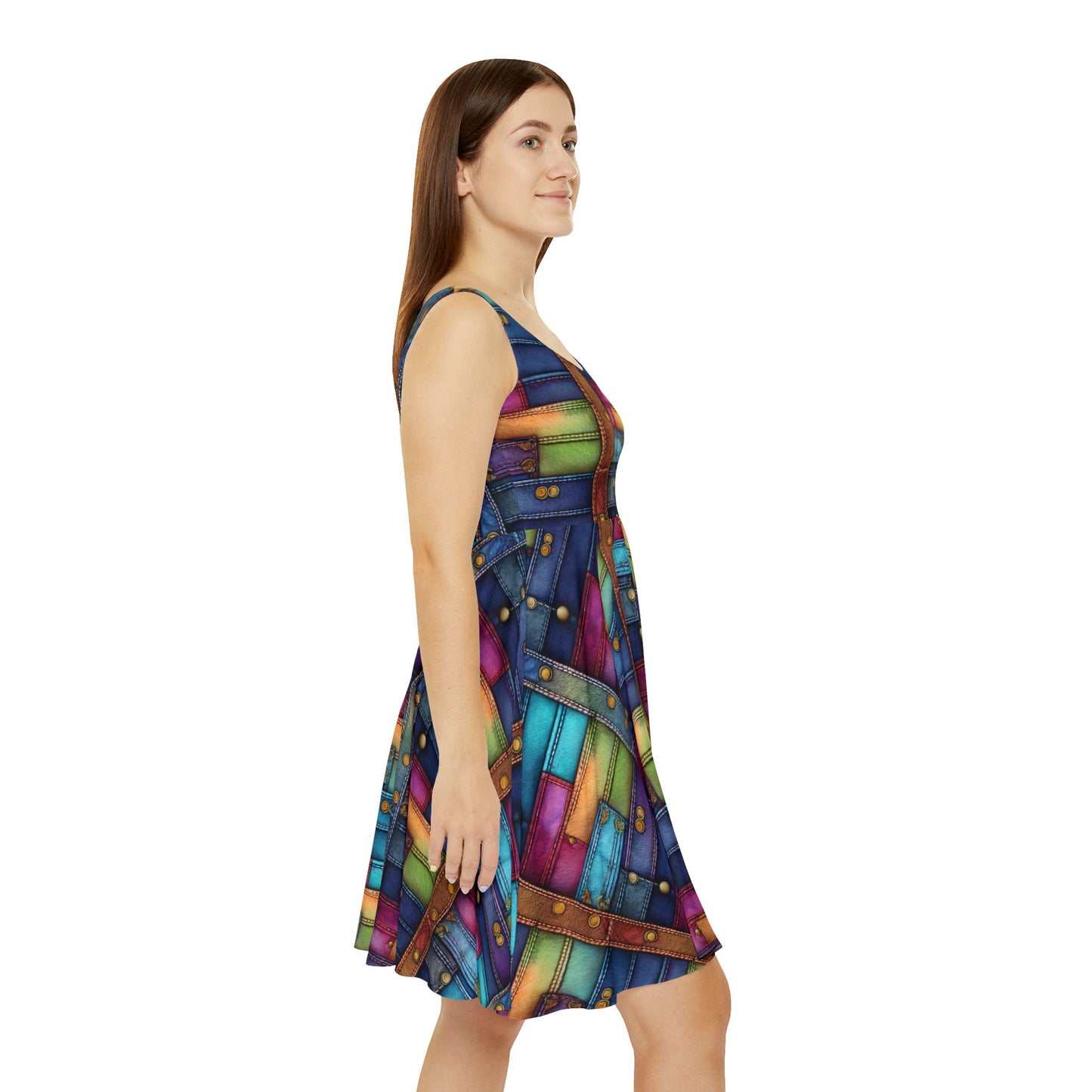 Women Denim Print Skater Dress, Denim Print Poly-Span Dress - 13