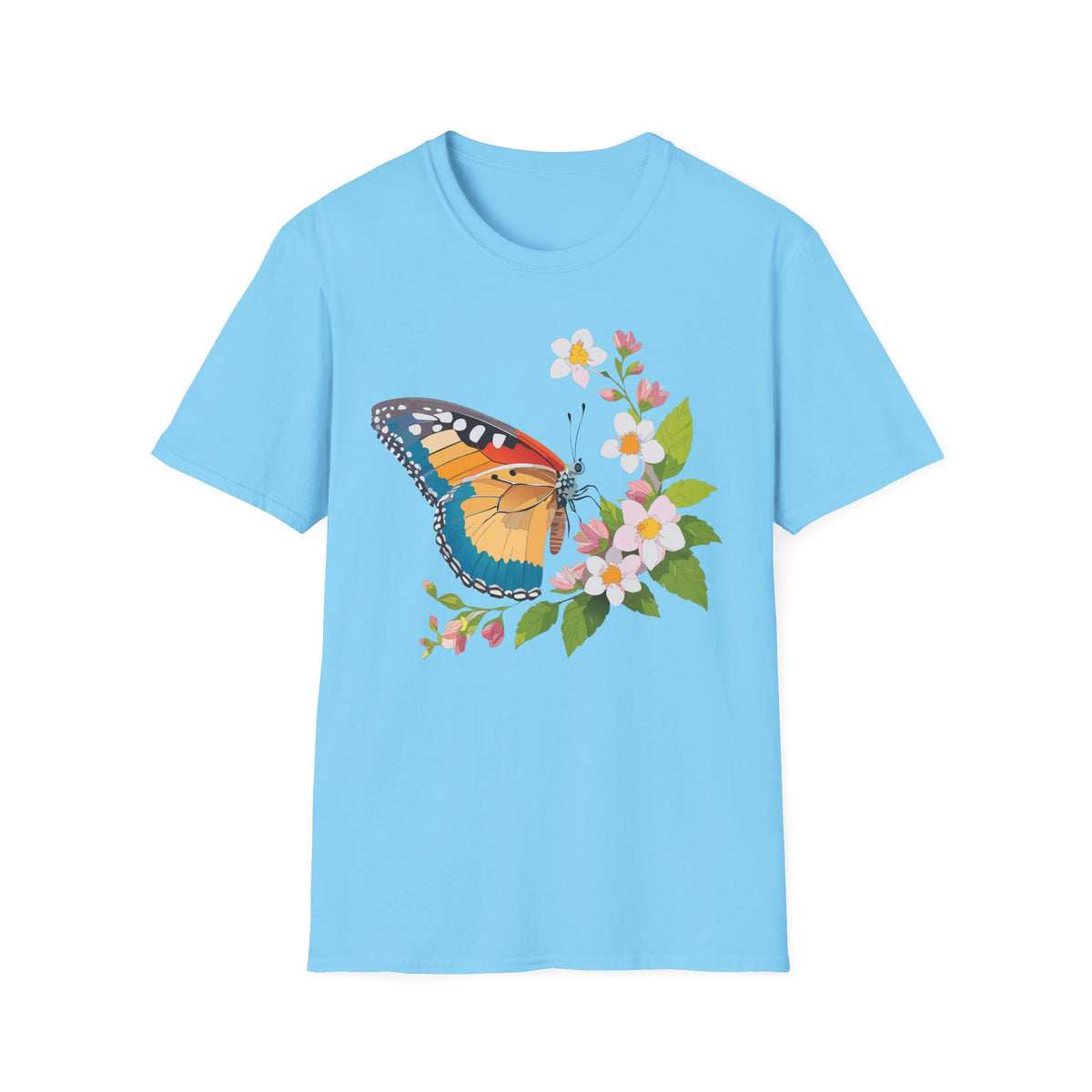 Butterfly Floral T-Shirt — Colorful Monarch with Blossoms Graphic Design Unisex 100 Cotton Gildan T-Shirt