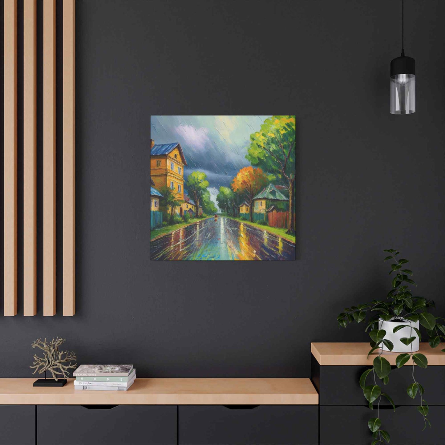 Rainy Village Street Canvas, Matte Oil Paint Print 20x20, 24x24, 30x30, 32x32, 36x36, Art Design Print Non-Frame MC-1